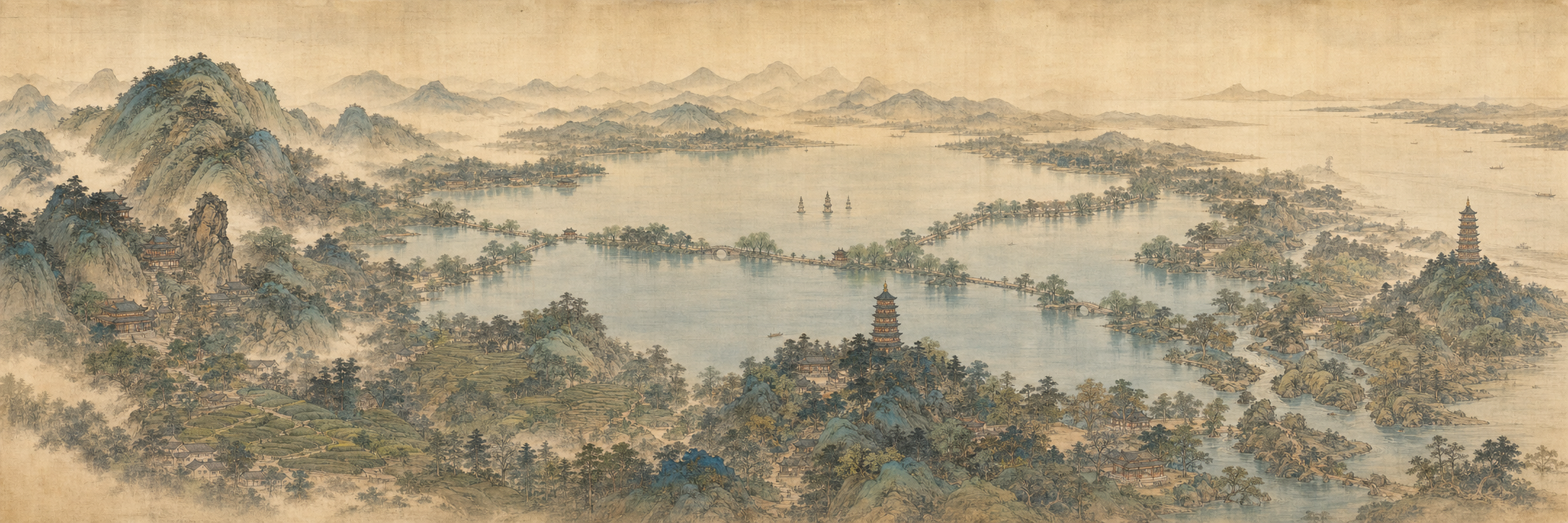 An original ink-and-colour handscroll showing West Lake, its surrounding hills, temples, tea fields, causeways and the Qiantang River.